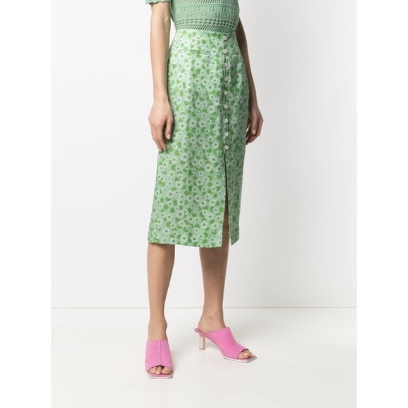 SANDRO Paris Silk & Linen Green Long Floral Print Botton Skirt with slit 0 - Picture 12 of 12
